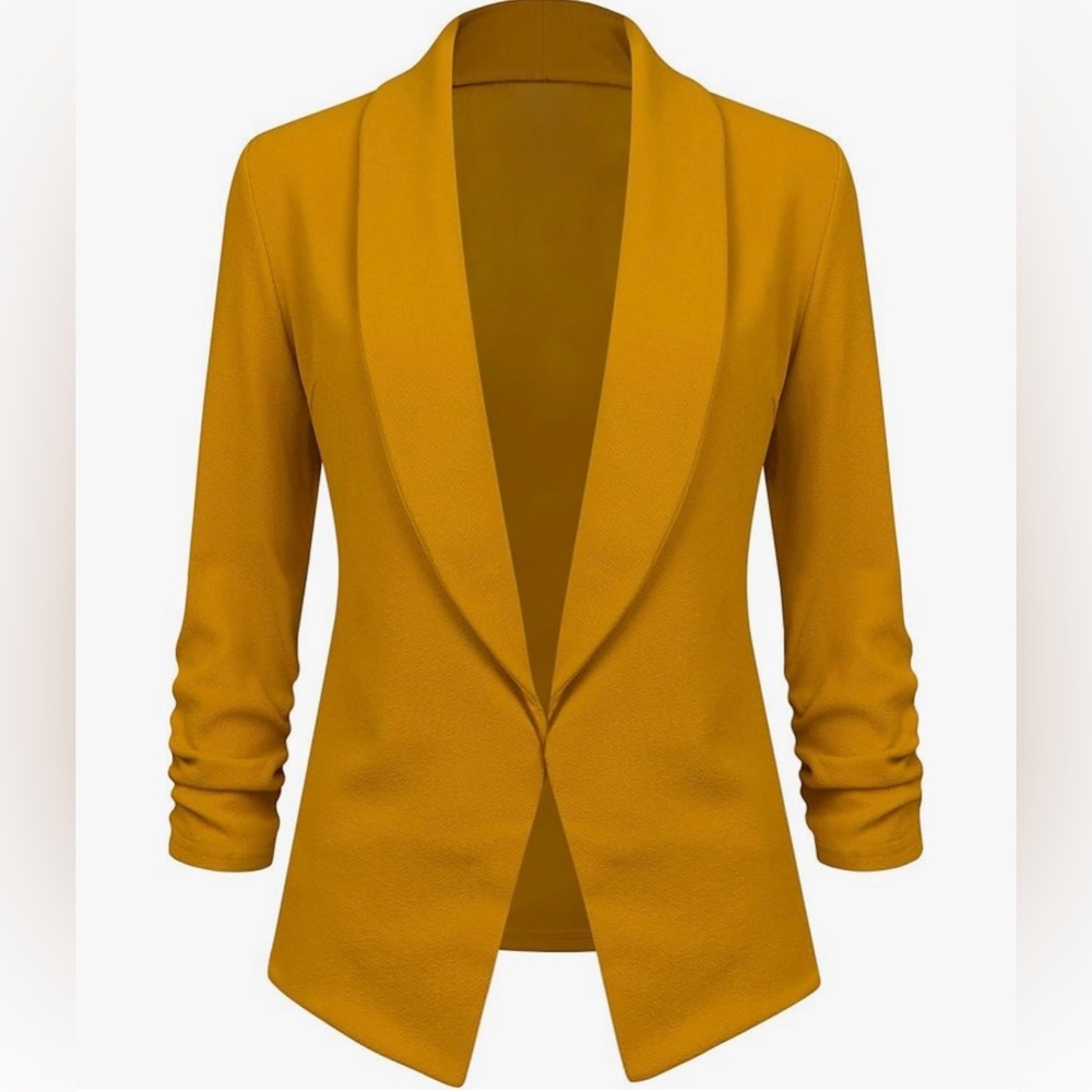 3/4 Sleeve Blazer Open Front Cardigan Jacket Work Office Blazer -mustard